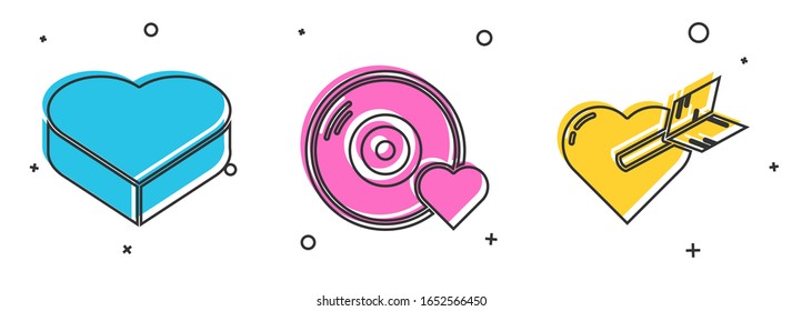 Set Candy in heart shaped box, Romantic music and Amour with heart and arrow icon. Vector