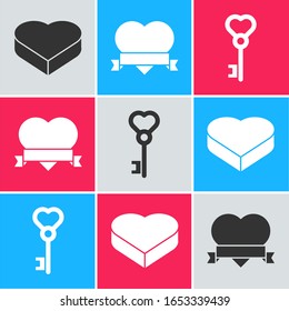 Set Candy in heart shaped box, Heart and ribbon and Key in heart shape icon. Vector
