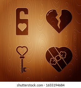 Set Candy in heart shaped box, Please do not disturb with heart, Key in heart shape and Broken heart or divorce on wooden background. Vector