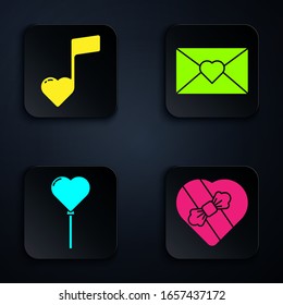 Set Candy in heart shaped box, Music note, tone with hearts, Balloons in form of heart and Envelope with Valentine heart. Black square button. Vector