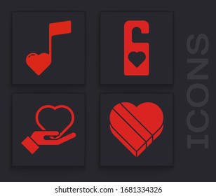 Ajuste Candy en caja con forma de corazón, Nota musical, tono con corazones, Por favor no moleste con el corazón y el icono del corazón en la mano. Vector