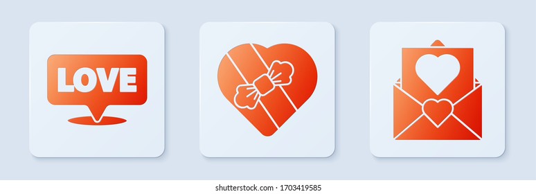 Set Candy in heart shaped box, Speech bubble with text love and Envelope with Valentine heart. White square button. Vector