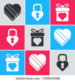 Set Candy in heart shaped box, Castle in the shape of a heart and Gift box with heart icon. Vector