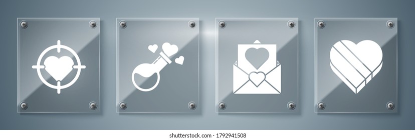 Set Candy in heart shaped box, Envelope with Valentine heart, Bottle with love potion and Heart in the center of darts target aim. Square glass panels. Vector