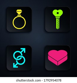 Ponga Candy en la caja con forma de corazón, Anillos de boda, Símbolo de género masculino y Clave en forma de corazón. Botón cuadrado negro. Vector