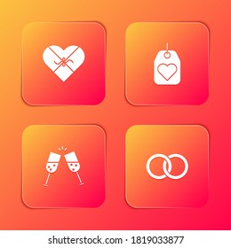 Set Candy in heart shaped box, Heart tag, Glass of champagne and Wedding rings icon. Vector.