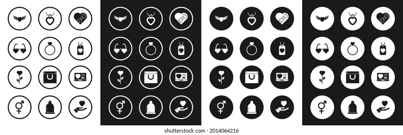 Coloca Candy en una caja con forma de corazón, Anillos de boda, Gafas de amor al corazón, con alas, etiqueta, collar, aplicación de citas en línea e ícono de flor. Vector