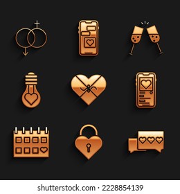 Coloca Candy en una caja con forma de corazón, Castillo el de, Como, Móvil con, Calendario, Bombilla de corazón, Vidrio champagne e icono de género. Vector