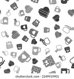 Set Candy in heart shaped box, Envelope with Valentine heart, Heart on hand and Coffee cup and heart on seamless pattern. Vector