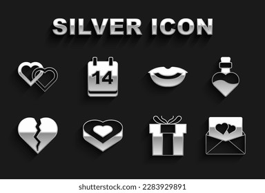 Set Candy in heart shaped box, Bottle with love potion, Envelope Valentine, Gift, Broken or divorce, Smiling lips, Two Linked Hearts and Calendar February 14 icon. Vector