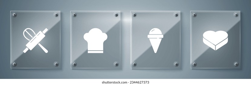 Set Candy in heart shaped box, Ice cream waffle cone, Chef hat and Kitchen whisk rolling pin. Square glass panels. Vector