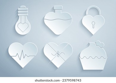 Set Candy in heart shaped box, Castle the of, Heart rate, Wedding cake with, Bottle love potion and light bulb icon. Vector