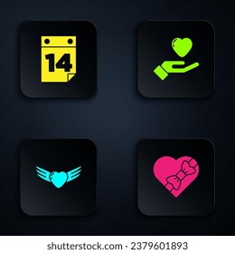 Set Candy in heart shaped box, Calendar with February 14, Heart wings and hand. Black square button. Vector