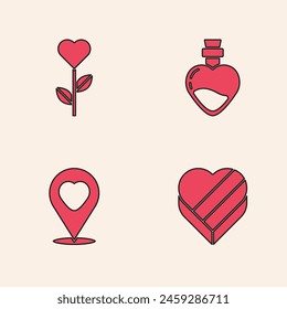 Set Candy in heart shaped box, Heart flower, Bottle with love potion and Location icon. Vector