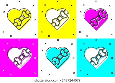 Set Candy in heart shaped box and bow icon isolated on color background. Valentines Day.  Vector