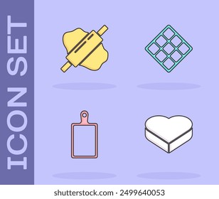 Conjunto de caramelo en forma de corazón caja, Rolling pin en la masa, tabla de cortar y waffle icono. Vector