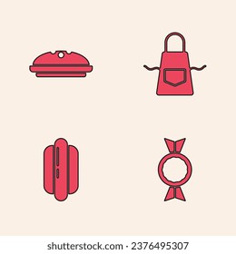 Set Candy, Homemade pie, Kitchen apron and Hotdog sandwich icon. Vector