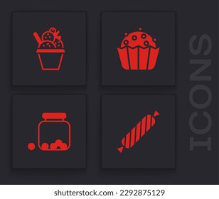 Set Candy, Ice cream in bowl, Cupcake and Glass jar with candies inside icon. Vector