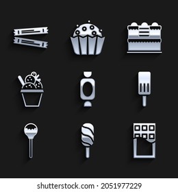 Set Candy, Ice cream, Chocolate bar, Lollipop, in bowl, Cake and Sugar stick packets icon. Vector