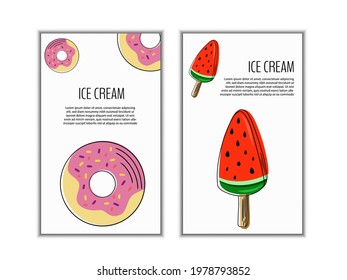 Set candy, ice cream flyers, banners. Collection of pages for kids menu,cafe,posters. Donuts, lollipop shop cards, cafeteria advertise.Template vector illustration.