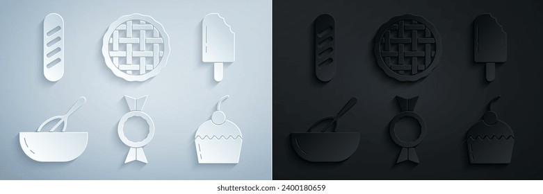 Set Candy, Ice cream, Kitchen whisk bowl, Cake, Homemade pie and French baguette bread icon. Vector