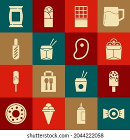 Set Candy, Ice cream, Noodles in box, Chocolate bar, Asian noodles chopsticks, Hotdog sandwich, Bag or packet potato chips and Steak meat icon. Vector