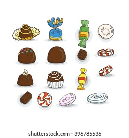 Set of Candy Icons. Glaze, caramel, candy, lollipops, chocolates, truffles.