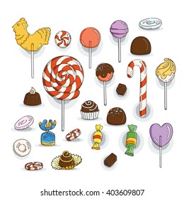 Set of Candy Icons. Glaze, caramel, candy, lollipops, chocolates, truffles.