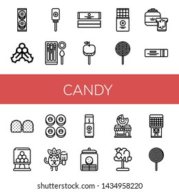 Set of candy icons such as Cookies, Mistletoe, Lollipop, Churros, Chewing gum, Caramelized apple, Chocolate bar, Peanut butter, Gummy, Candy machine, Cracknels, Popsicle , candy