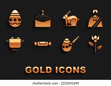 Set Candy, Jesus Christ, Flower tulip, Easter egg paint brush, Egg hot pot, rabbit,  and cake candle icon. Vector