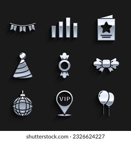 Set Candy, Location Vip, Balloons with ribbon, Bow tie, Disco ball, Party hat, Greeting card and Carnival garland flags icon. Vector