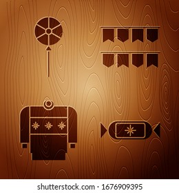 Set Candy, Lollipop, Christmas sweater and Carnival garland with flags on wooden background. Vector