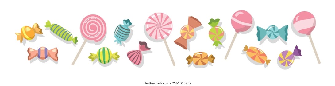 Set of candy and lollipop. Candy collection. Chewing candy. Valentine gift. Christmas candy.