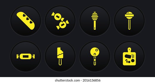 Set Candy, Lollipop, Ice cream, Honey dipper stick, Cutting board and French baguette bread icon. Vector