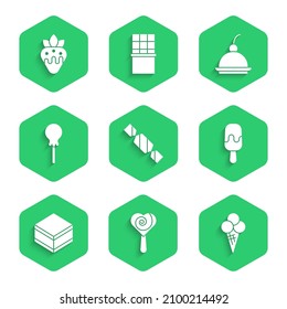 Set Candy, Lollipop, Ice cream in waffle cone, Brownie chocolate cake, Cherry cheesecake and Strawberry icon. Vector