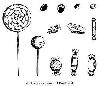 Set of candy, lollipop sketches. Collection of sweet food, desserts. Hand drawn vector illustration in retro style. Outline cliparts isolated on white background.