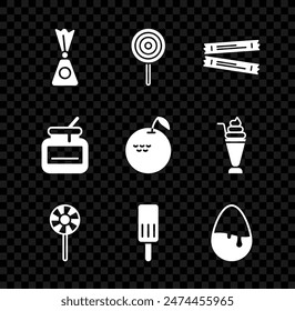 Set Candy, Lollipop, Sugar stick packets, Ice cream, Chocolate egg, Jar of honey and Apple icon. Vector