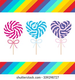 Set candy lollipops with bow, colorful spiral candy cane. Candy on stick with twisted design on white background with bright rainbow stripes. Vector