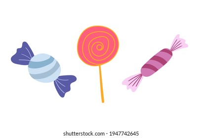 Conjunto de copas de caramelo, aisladas en un fondo blanco. Cuidada, colorida, ilustración vectorial infantil para carteles, postales, pijamas, camisetas