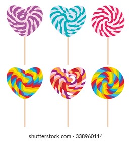 Set candy lollipops, colorful spiral candy cane. Candy on stick with twisted design on white background. Vector