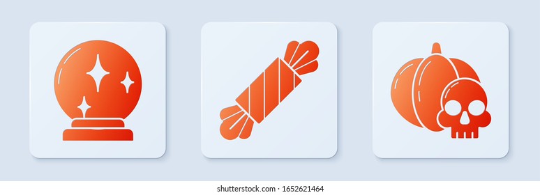 Juego de Candy , bola mágica y calabaza y calavera . Botón cuadrado blanco. Vector