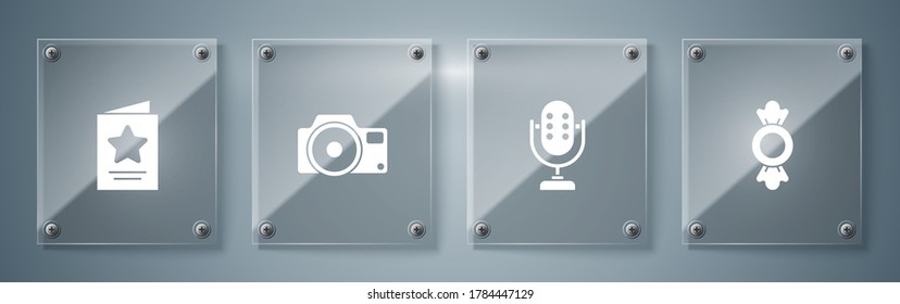 Set Candy, Microphone, Photo camera and Greeting card. Square glass panels. Vector