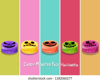Set Candy monster face halloween icon on color background. Happy Halloween. Gift and decorative element on holiday. Vector cartoon Illustration.