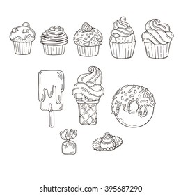 Set of Candy and Muffins Icons. Cakes, Sweets, Lollipops, Bows.