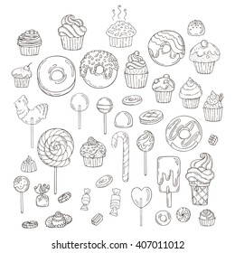 Set of Candy and Muffins Icons. Cakes, Sweets, Lollipops, Bows.