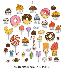 Set of Candy and Muffins Icons. Cakes, Sweets, Lollipops, Bows.