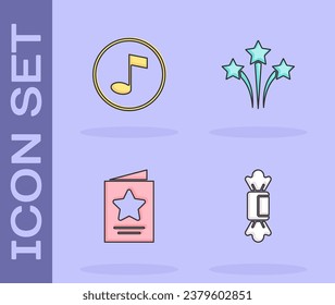 Set Candy, Music note, tone, Greeting card and Firework icon. Vector