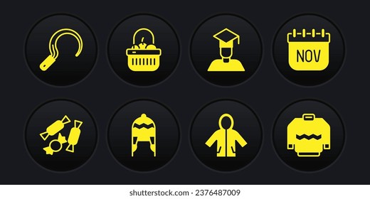 Set Candy, November calendar autumn, Winter hat, Raincoat, Graduate graduation cap, Basket food, Sweater and Sickle icon. Vector