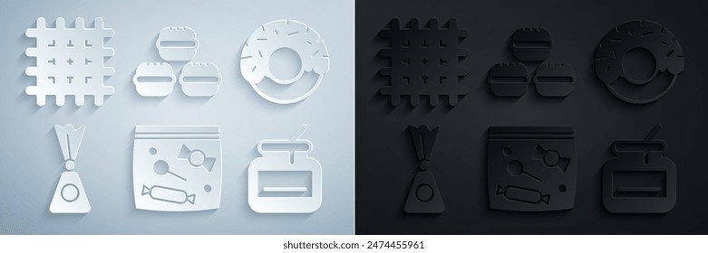 Set Candy packaging for sweets, Donut, Jar of honey, Macaron cookie and Cracker biscuit icon. Vector