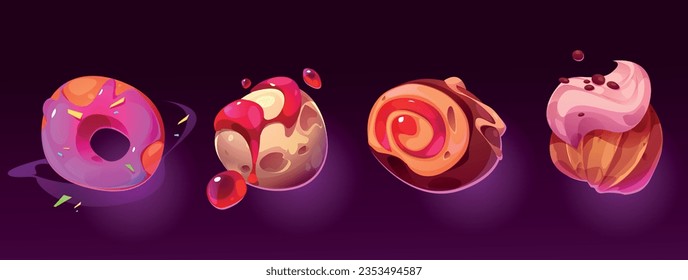 Set of candy and pastry planets isolated on background. Vector cartoon illustration of sweet donut, ice cream, chocolate, pastry balls decorated with jam and color icing. Fantasy world desing elements